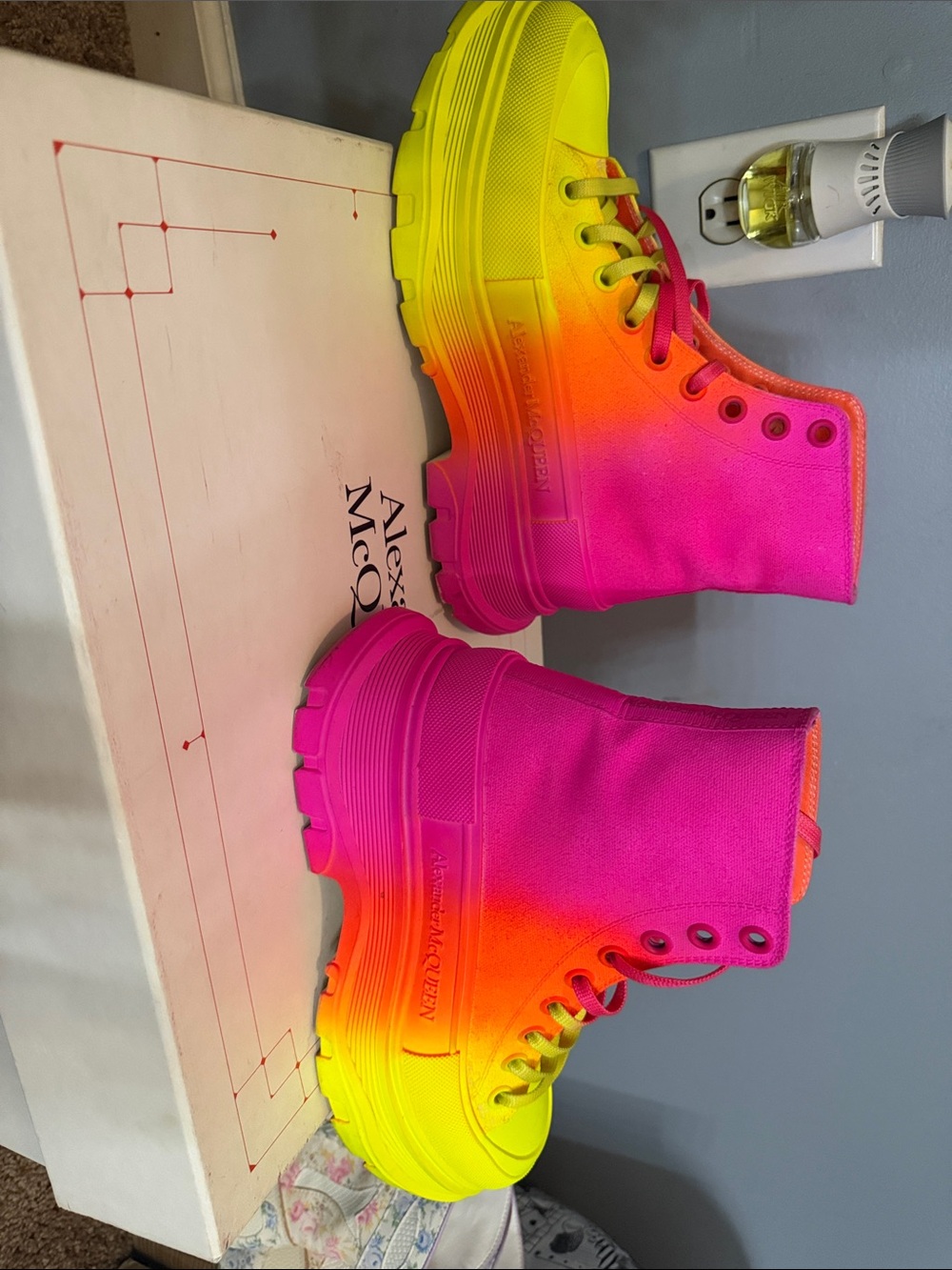 Alexander McQueen Neon Pink Orange Yellow Platform High-Top Sneakers